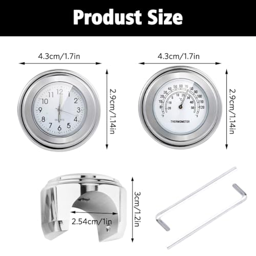Tulov 2 Stück Uhr und Thermometer für Motorradlenker, 22 mm-25,4 mm(7/8 Zoll- 1 Zoll) Lenker, Wasserdichter Uhr für Motorradlenker, Motorrad-LenkerhalterungUhr für die meisten Motorräder