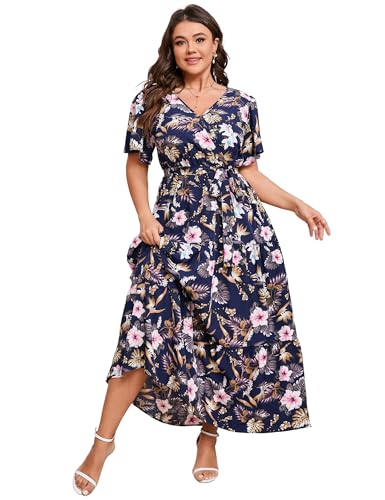 Image of ShopWonder Womens Plus Size V Neck Wrap Maxi Dress High Waist Ruffle Summer Casual Dress with Belt