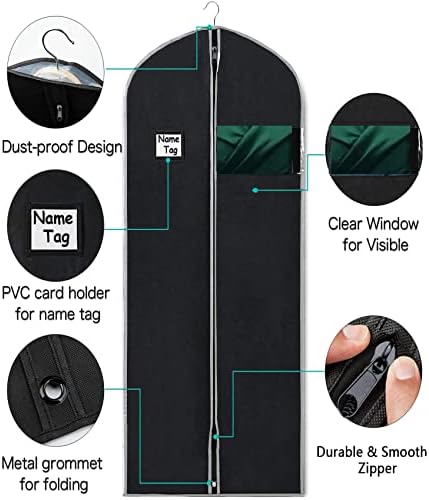 Dress Bag Covers Long, URMI Breathable 72 inch (3 PCS) Hanging Wedding Dress Bridesmaid Dress Bags for Gowns Prom Bridal Garment Bags with Clear Window Moth Proof Clothes Cover Storage Bag Black 183cm