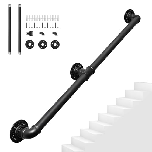 BQKOZFIN 4FT Stair Handrail Hand Railing for Stairs, Hand Railing for Stairs Indoor Wall Mount Handrails, Carbon Steel Pipe Handrail for Indoor Outdoor Stairs, Black