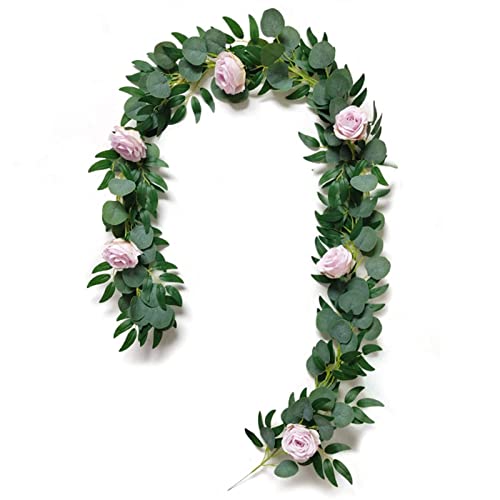 Guirlande d'eucalyptus vert artificiel 5 pieds feuilles de vigne lierre fleurs roses pour maison