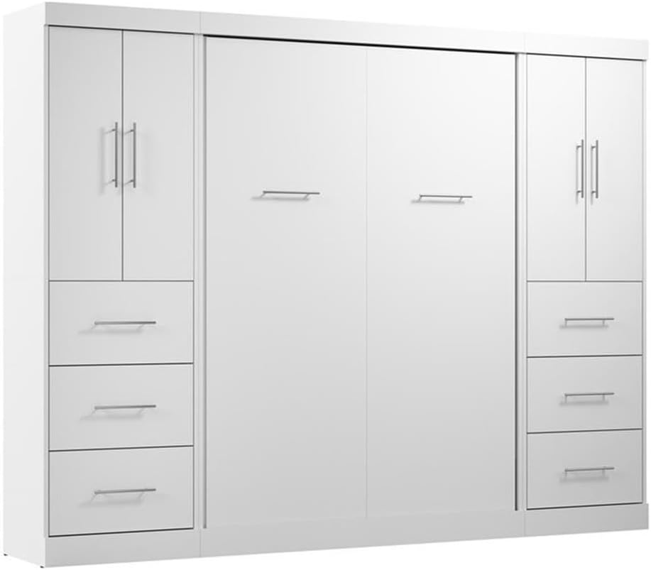 Atlin Designs 109" Modern Engineered Wood Full Wall Bed Set, White Finish, Dual Piston System, Foldable Murphy Bed with 2 Closets, Adjustable Shelves, Clothing Rods, Contemporary Bedroom Space-Saving