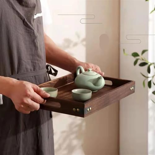 Bandeja rústica de madera marrón con asas para decoración y servir café 5