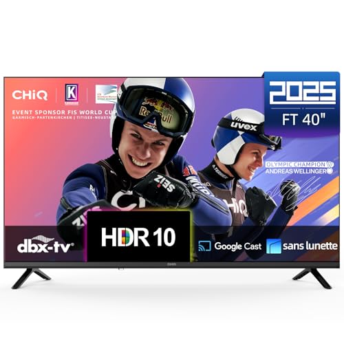 CHIQ L40FT Téléviseur Intelligent 40" (100 cm), Full HD, HDR10, Google TV OS, Audio Dolby & DBX-TV, Tuner Triple DVB-C/T/T2/S/S2, Chromecast Intégré, Design Métal sans Cadre