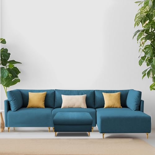 Image of Carina RHS 4 Seater L Shape Sofa Set with Center Table for Living Room (Turquise Fabric) Premium Fabric Sofa