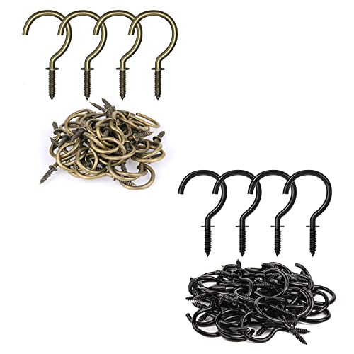 RELBRO 50 Pack 1-1/4 Black Screw in Hooks and 50 Pack 1-1/4 Bronze Cup Hooks Screw in