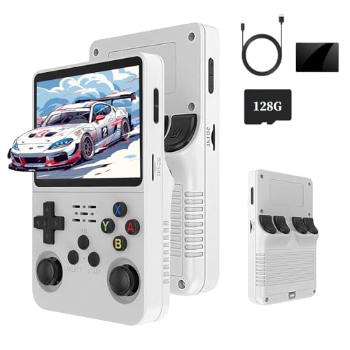 XiFanHo R36S Retro Handheld Game Console 128G - 3.5“ IPS Bildschirm mit 40000+ Classic Games Tragbarer Pocket Video Game Player Open Source Linux OS mit 3500mAh Batterie (Weiß)