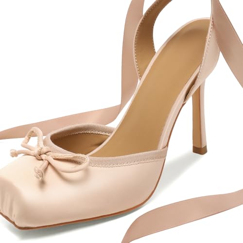Satin Ballerina Heels for Women Closed Square Toe Bow Knot Ballet Heel Strappy Lace Up Backless Pumps Shoe Casual Mary Jane Stiletto Slingback Shoes3