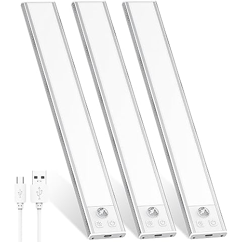 DEALGADGETS 3 Pack Under Cabinet Lights, 52 LED Cold White Rechargeable Under Cabinet Lighting Motion Sensor LED Lights for Kitchen, Counter, Closet, Stairs (12.2 inches Silver) Cover