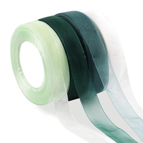 Schleifenband Grün,Weiß,Salbei Grün,Eukalyptus Grün,4 Rollen Tüllband Geschenkband 45m x 20mm, Transparentes Organza Bänder Deko, Chiffonband zum Basteln, Dekoband für Hochzeit Party
