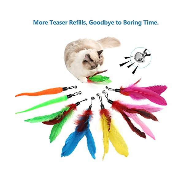 Cat toys feathers wand, interactive cat toy kitten toys 2 retractable cat wand toy and 7 feather teaser refills with bells, telescopic cat fishing pole toy for indoor bored cats gifts exercise pack - image 6
