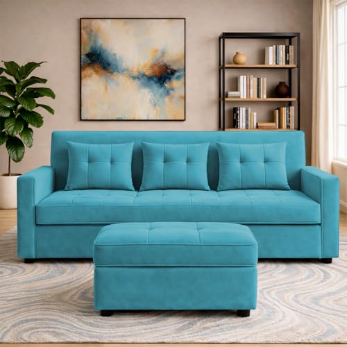 Image of Emilio 3 Seater with Ottomon Pull-Out Sofa Cum Bed (Turquise Color) Premium Fabric Sofa Set for Living Room | Bedroom