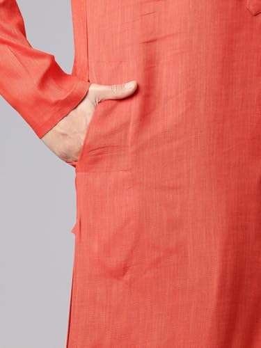 Image of Majestic Man Men's Cotton Regular Fit Traditional Mandarin Collar Ethnic Motifs Solid Long Kurta
