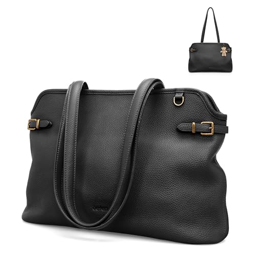 befen Black Genuine Leather Tote Bag for Women Medium, Soft Leather Handbag Satchel Purse for Work Daily Use