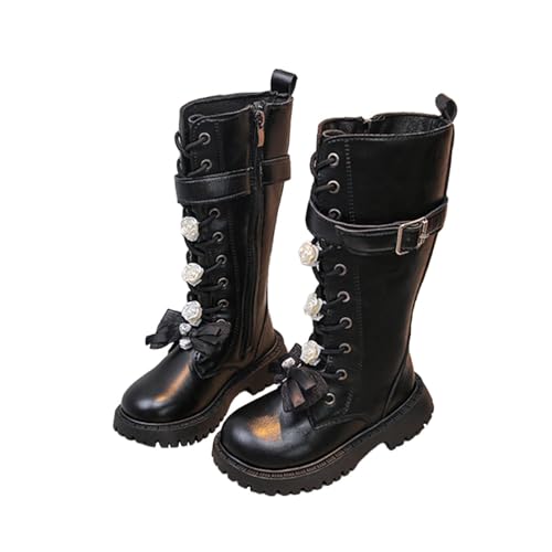 Girls Combat Boots Bow Lace Up Mid Calf Riding Boots PU Leather Side Zipper Buckle Lug Sole Goth Boot 4-11 Years