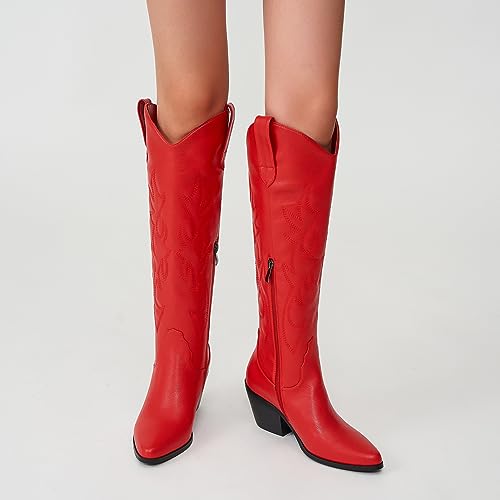 White Cowgirl Boots Wide Calf Cowgirl boots- Western Style Embroidered Knee High Cowboy Boots with Pointed Toe Chunky Heel Fashion Retro High Boot Pull-On2