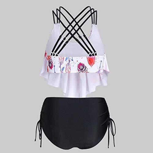 Women Feather Print Strappy Cinched Tankini Swimwear2