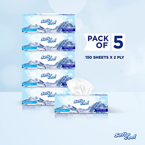 Image of Soft N Cool 2 Ply Facial Tissue Box | Car Tissue | Pack of 5 (150 Pulls Per Box, 750 Sheets) |100% pure, natural virgin paper - Ultra Soft, Absorbent Travel Essential | Made in Dubai (U.A.E)