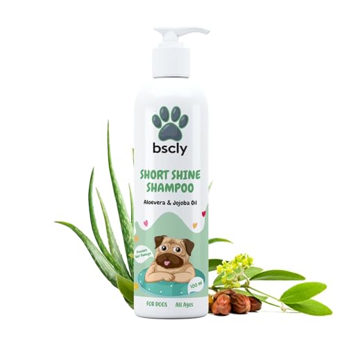 Image of Bscly Short Shine Dog Shampoo - Ticks & Fleas Prevention - Enriched with Chamomile, Aloe and Coconut Oil - Moisturizes & Heals Skin - Suitable for Pomeranians to Golden Retrievers - 100Ml Pack of 2