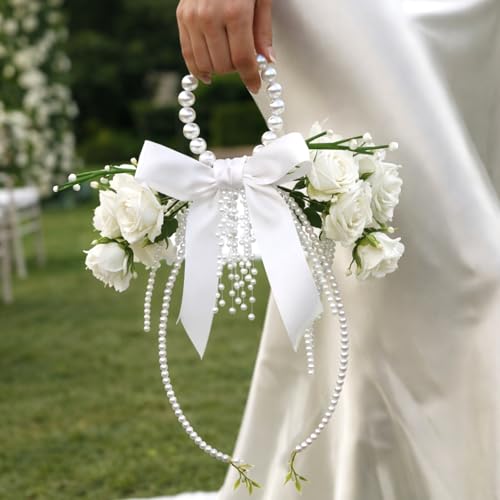 Novabright White Rose Bridal Bouquet with Pearl Handle, Bridal Pearly
