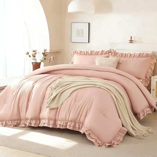 PERFEMET Ruffle Comforter Set King, 5 PCS Blush Pink Ruffled Bedding Set Soft Fluffy Shabby Cihc Bedding, Coquette Bed Set All-Season for Women (Pink, King)