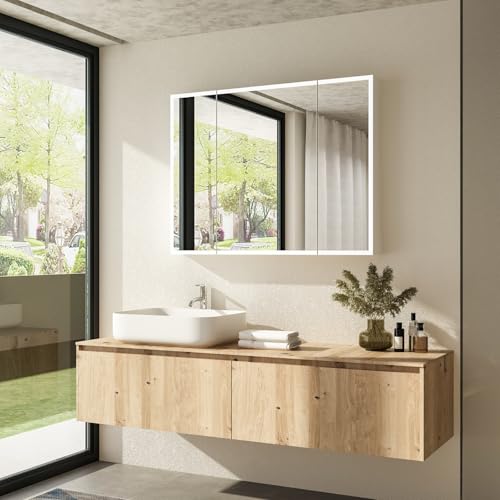 MOUMON Medicine Cabinet with Lighted Mirror, Anti-Fog, 46 x 34.6 Wall Mounted Bathroom Mirror Cabinet with Storage Shelves, 3 Color Lights, 46.1”W x 5.3”D x 34.6”H