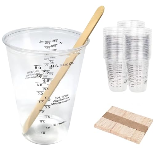 Epoxy Resin Mixing Cups Paint Mixing Cups Measuring Cups for Resin 50pcs 240ml/8oz Graduated Cup with 50pcs Wooden Stirring Sticks Perfect for Mixing and Measuring Paint Resin Epoxy