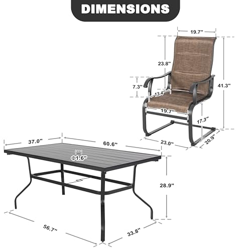 Image of NUU GARDEN 7 Piece Outdoor Patio Dining Set for 6, 61 inch Rectangular Dining Table with Umbrella Hole and 6 All-Weather Padded Textilene Chairs, Brown and Black