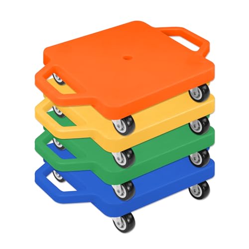 4 Scooter Boards with Handles for Kids Sitting, Floor Scooters Gym Scooters Set with Ropes for School Gym Activities and Indoor Outdoor Play