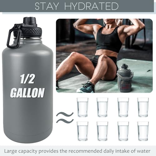 Image of 64 Oz Water Bottle with Sleeve - Half Gallon Insulated Water Jug with Handle - Stainless Steel Sports Bottle for Gym Workout Hiking Glacier Grey