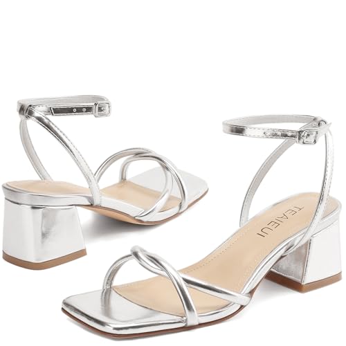 Image of TEAIEUI Chunky Heels for Women, Square Open Toe Heeled Sandals, Strappy Ankle Strap Shoes for Dress, Party, Prom, Block Low Heel 2 inch