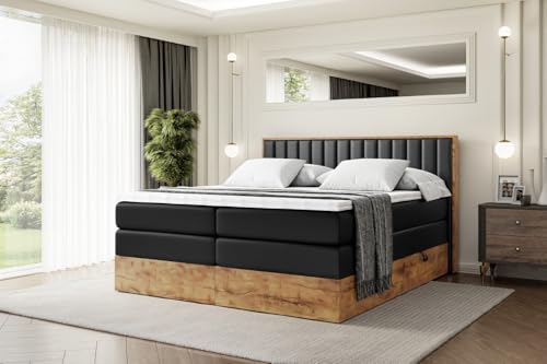 ALTDECOR Boxspringbett mit Matratze und Lattenrost, Topper, Polsterbett mit Bettkasten, Bett mit Stauraum H3- und H4- Matratze, Doppelbett, Springboxbett -LOLLI4 KING-160x200 - Schwarz Kunstleder
