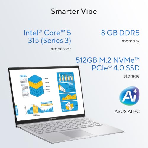 Image of ASUS Vivobook 15 (2026),Intel Core 5 (Series 3-Gen),Fingerprint Sensor,8GB RAM,512GB SSD,FHD,15.6 inch(39.6 cm),Windows 11,M365 Basic(1Y),Office 2024,Cool Silver,1.7 Kg,X1504MA-BQ832WS,AI Laptop