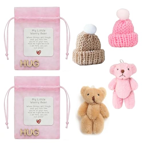 Wvbzf 2 Pcs Worry Bear Pocket Bear Hug Mini Little Bear with Inspirational Card Positive Soft Anxiety Relief Cute Emotional Support Gift for Friends Women (Brown & Pink)