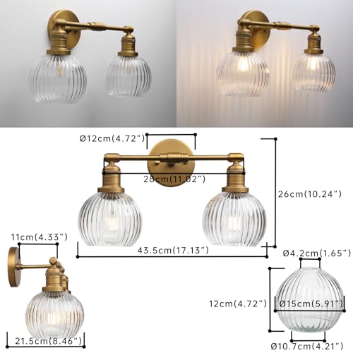 Image of Industrial Double Armed Glass Wall Sconce with Clear Striped Globe Shade, Indoor 2-Light Wall Vanity Light Fixture Hardwired for Bathroom Farmhouse Living Room Bedroom