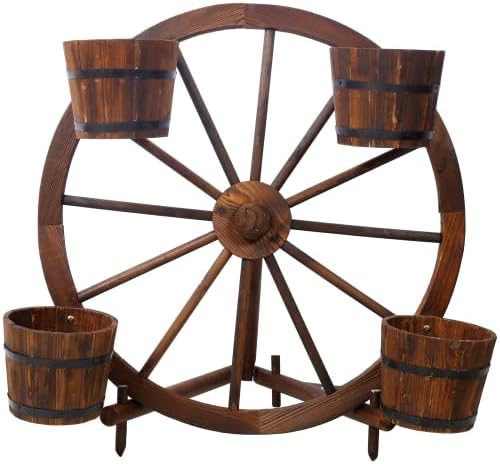 Wooden Wagon Planter Box, Garden Planter with Wheels,Decorative Planter for Flowers Herbs Vegetables for Indoor & Outdoor Décor. (Wagon Wheel Barrel Planter Display)