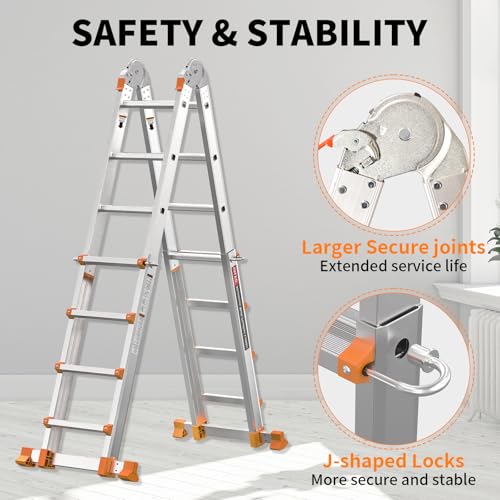 Valeo Ladder 14FT, Multi Position 4 Step Ladder Extension, Anti-Slip A Frame Folding Ladder with Removable Tool Tray, 330lbs Adjustable Telescopic Aluminum Ladders for Stairs Home Indoor Outdoor Roof by Valeo - Image 4