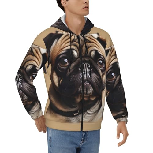Sweat à capuche homme manches longues zip cordon motif carlin décontracté