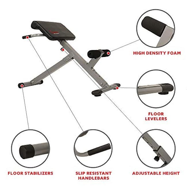 Sunny Health & Fitness Foldable Hyperextension Roman Chair w/Back Extension, Home Gym Sit Up Bench for Glute & Ab Workouts, Optional Adjustment Incline & Multi-Function Heavy-Duty Exercise Equipment