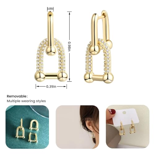 14K Gold Plated Convertible Paperclip Link Huggie Hoop Earrings for Women Small ＆Medium Chunky Hoop U Dangle Earrings Trendy Cubic Zirconia Drop Dangle Earring Girlfriend Birthday Jewelry Gift3