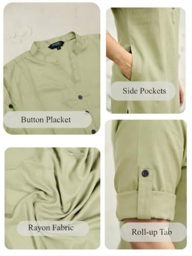 Image of Women's Roll-Up Sleeve Tunic Top, V-Neck with Button Front, Side Pockets, Rayon Short Kurti