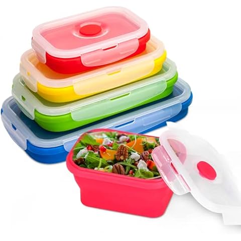 Yeswell Collapsible Food Storage Container, 4 Pcs Silicone Lunch Bento Box Picnic Camping Bowl, Food Preserving Airtight Boxes for Kitchen Outdoor Hiking, for Microwave Freezer Dishwasher Cover