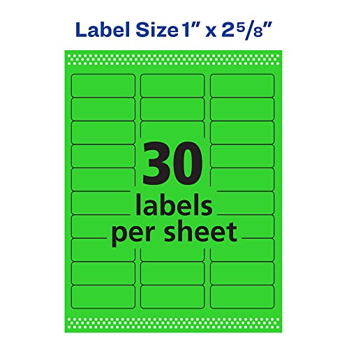 Image of Avery Neon Green Address Labels, 1 x 2-5 /8 inch | Printable | Sure Feed Technology | For Laser Printers | 750 Labels, Pack of 5