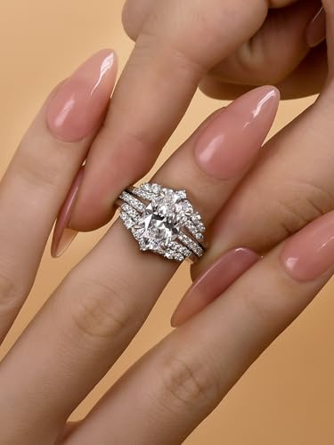 3.5 Carat Oval Cut Bridal Engagement Ring Set, Sterling Silver Insert CZ Wedding Rings Set, Elegant Engagement and Anniversary Rings for Women4