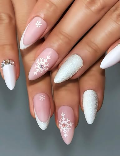 Icy Winter Press on Nails, Medium Almond, White French tip, Matte...