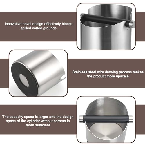 0.6L Abklopfbehälter für Siebträger, Edelstahl Abklopfschale zur leichten Entsorgung des feuchten Kaffeesatzes für Siebträger Espressomaschine(Silber)