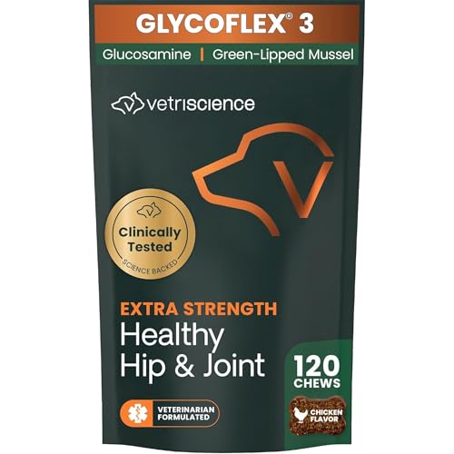 VetriScience Extra Strength Healthy Hip & Joint Chews, GlycoFlex Glucosamine and Green-Lipped Mussel Joint Support Supplement for Dogs, Promote Mobility and Soothe Joint Discomfort, Chicken, 120 Count