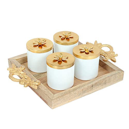 Legacy Storage Serving Tray in Wood with Jars with Lids Decorative Beechwood 5 Jars Set with Spoons and Tray Mukhwas Container Condiment Set,