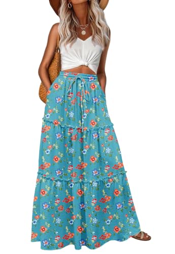 Image of Lepunuo Womens Casual Boho High Waisted Flowy Maxi Skirts Tiered Floral Long Skirts with Pockets for Summer Beach Vacation