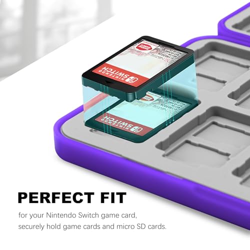 Image of FYY Nintendo Switch Game Case Holder for Switch 2 Cartridge Case with 24 Game Card Slots & 48 Micro SD Card Slots, Hard Shell, Silicone Lining Purple